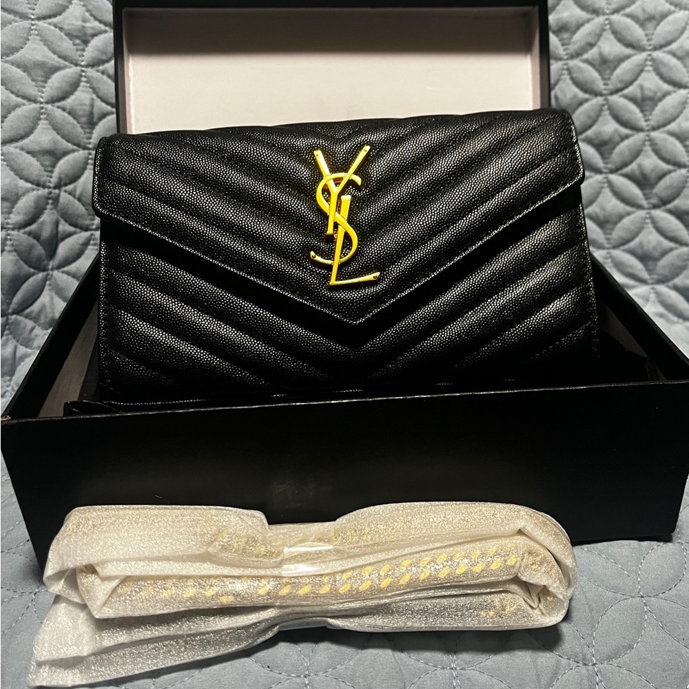 Yves Saint Laurent Black and Gold Chevron Clutch